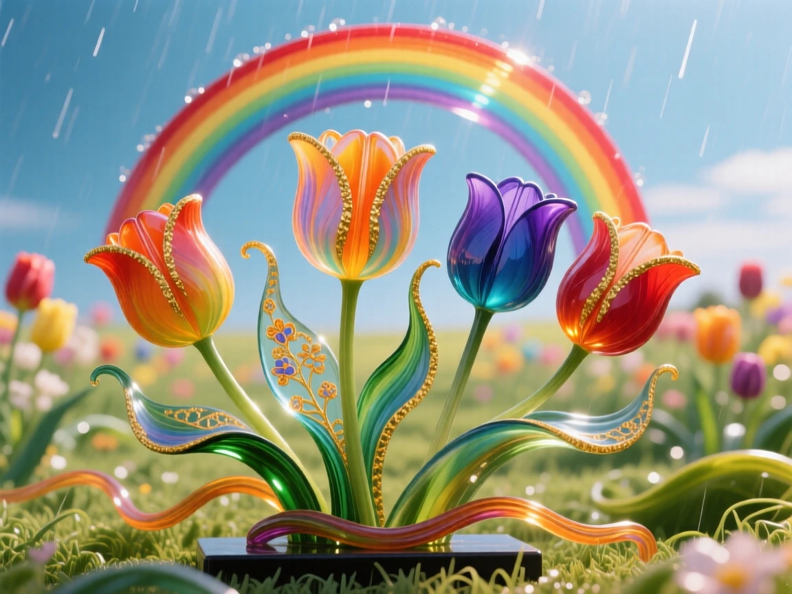 A field of blooming tulips glowing beneath a vivid rainbow after spring rain, cheerful and hopeful.