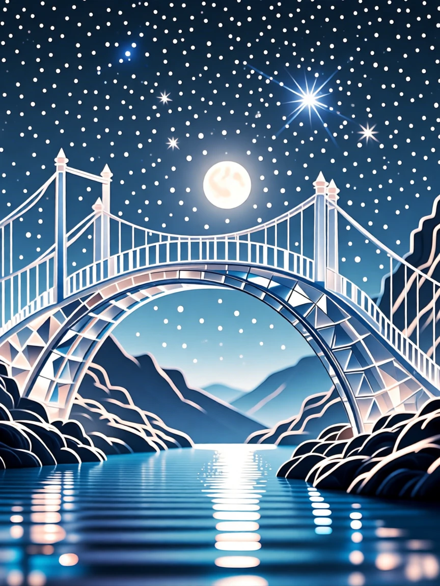 A surreal bridge made of moonlight spanning a starlit valley.