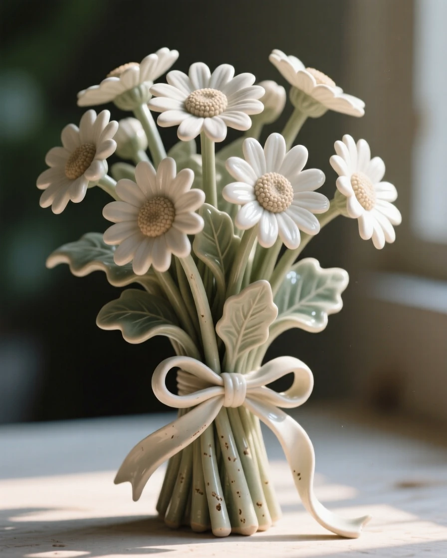 A bouquet of daisies tied with ribbon unfurling slowly toward the morning light, bathed in soft, dappled morning light, stirring feelings of peace and gentle growth.