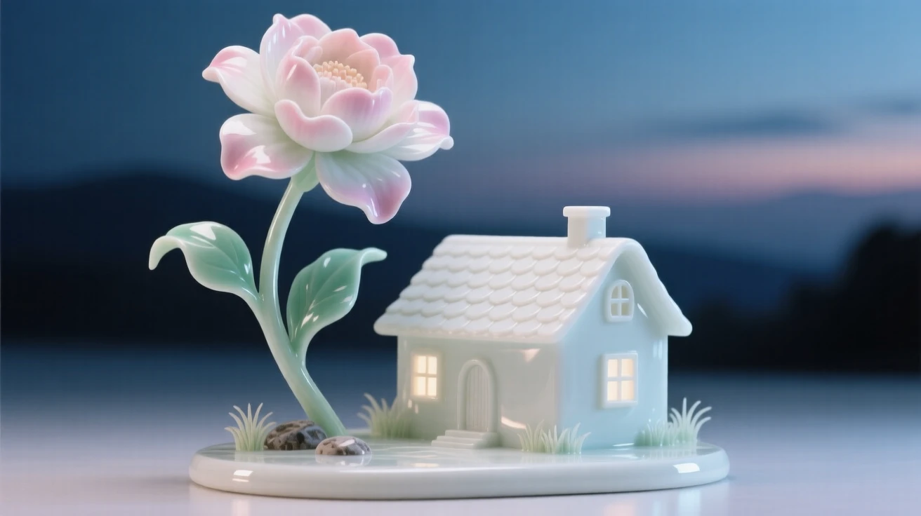A surreal composition where a single flower grows impossibly large beside a small cottage, lit with the soft glow of an eternal twilight.