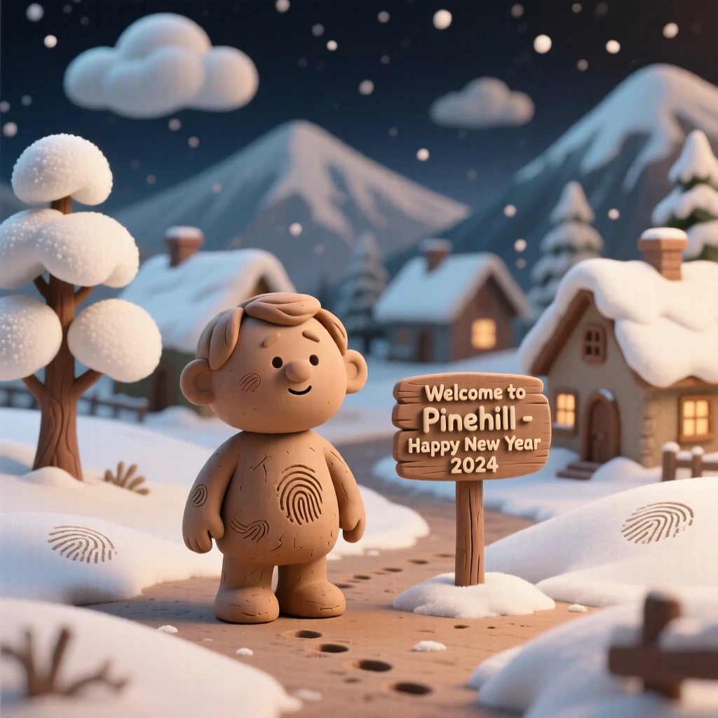 A New Year's snowfall blanketing a quiet mountain town