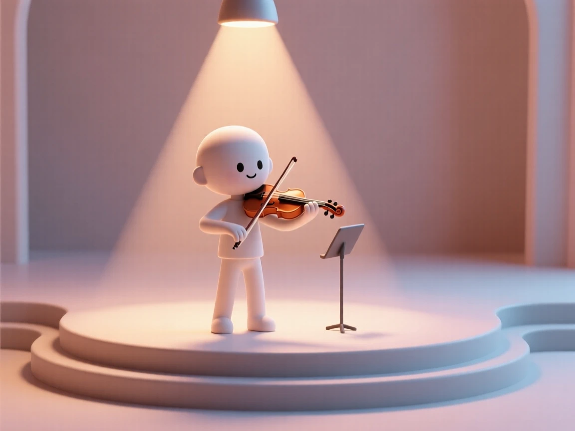 A determined young violinist performs a solo on a grand stage, spotlight glowing warmly overhead.