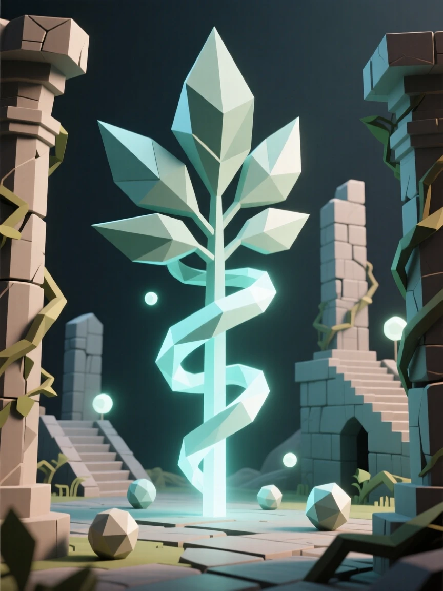A guardian spirit made of swirling leaves and light, amid ancient ruins reclaimed by nature. soft glowing light sources create dramatic highlights. The atmosphere is epic and awe-inspiring.