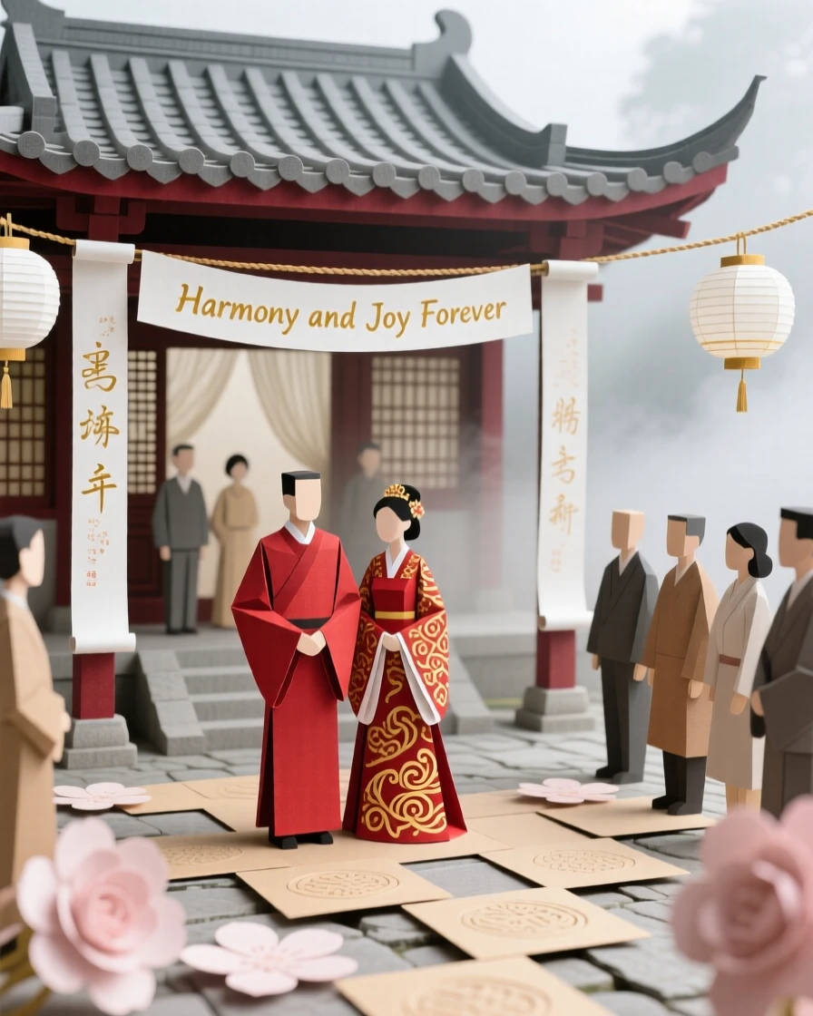 A joyous traditional wedding ceremony moving quietly through a misty temple courtyard, with intricate patterns catching the eye, capturing joyful communal celebration.