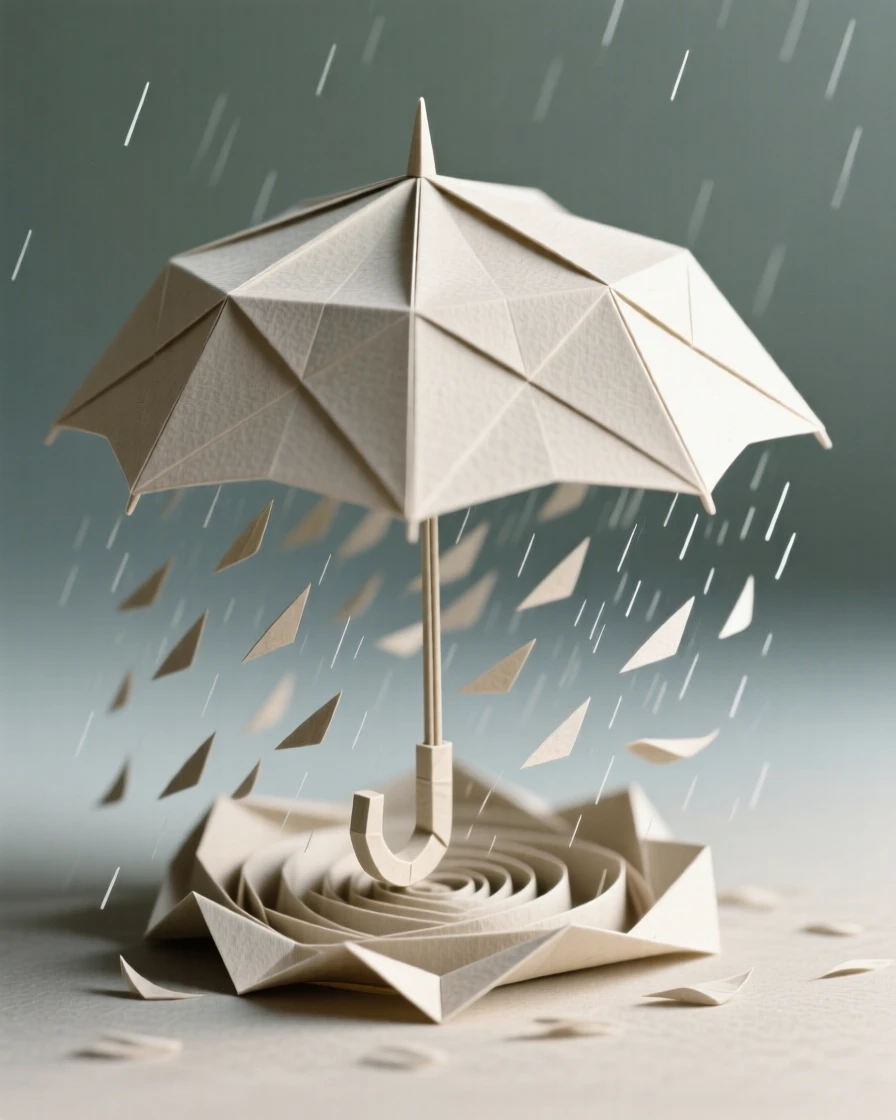 A single umbrella held open revealing a miniature rainstorm swirling beneath it.
