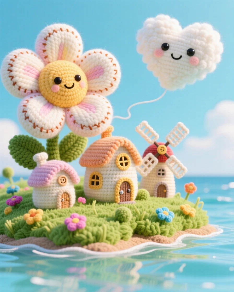a tiny windmill village built inside a giant flower, with slowly turning petals, is shown nestled in a sunlit meadow, perched above a calm and glassy sea, surrounded by a single drifting cloud shaped like a heart, radiating cozy, whimsical enchantment.