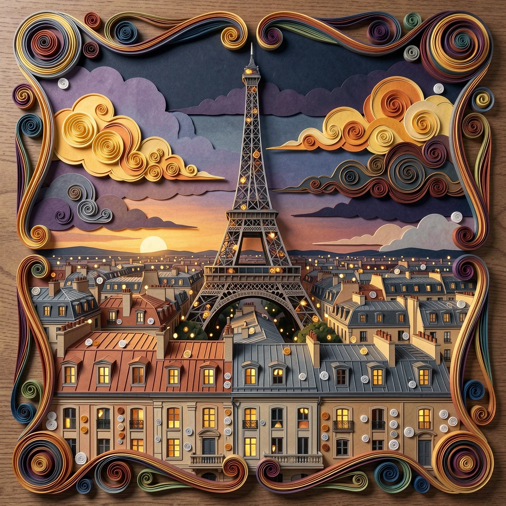 A breathtaking view of the Eiffel Tower rising above a sea of Parisian rooftops beneath dramatic clouds catching the last light of day, with twinkling lights beginning to glow at dusk, framed with a dramatic wide-angle perspective.
