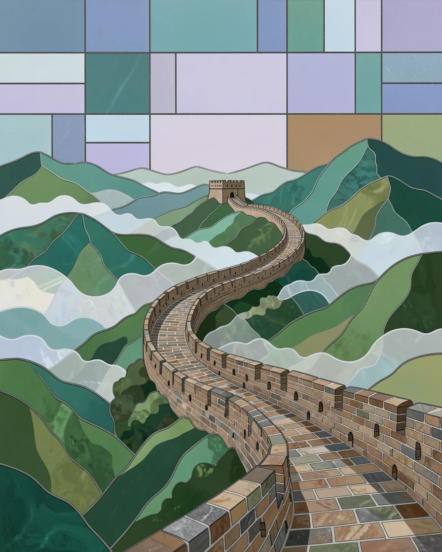 The Great Wall of China winding across misty green mountains.