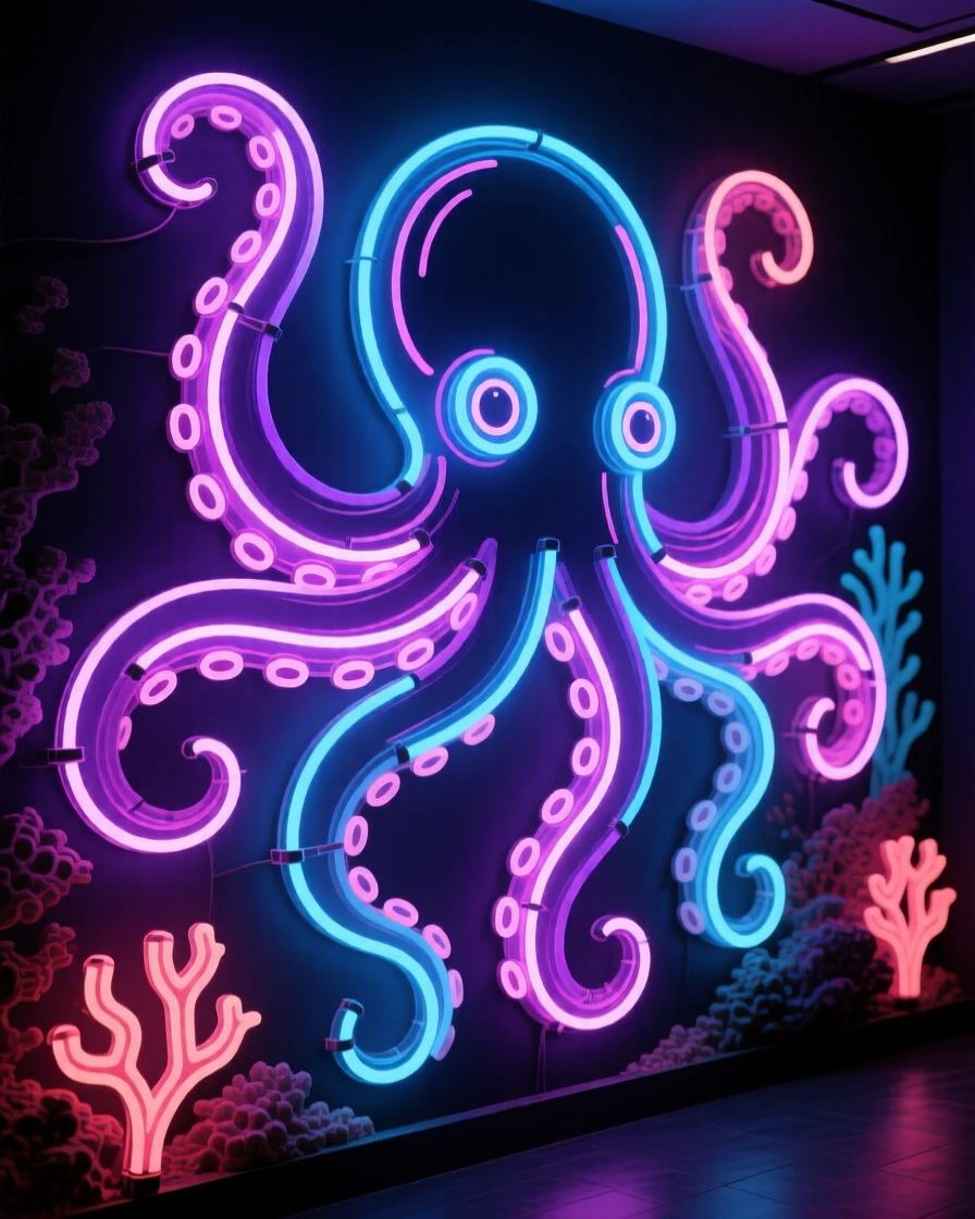 A giant Pacific octopus unfurling its arms across a reef wall.