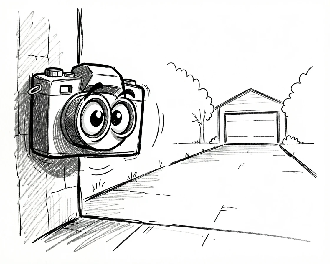 A camera peeking around a corner to snap a photo at the end of a quiet driveway.