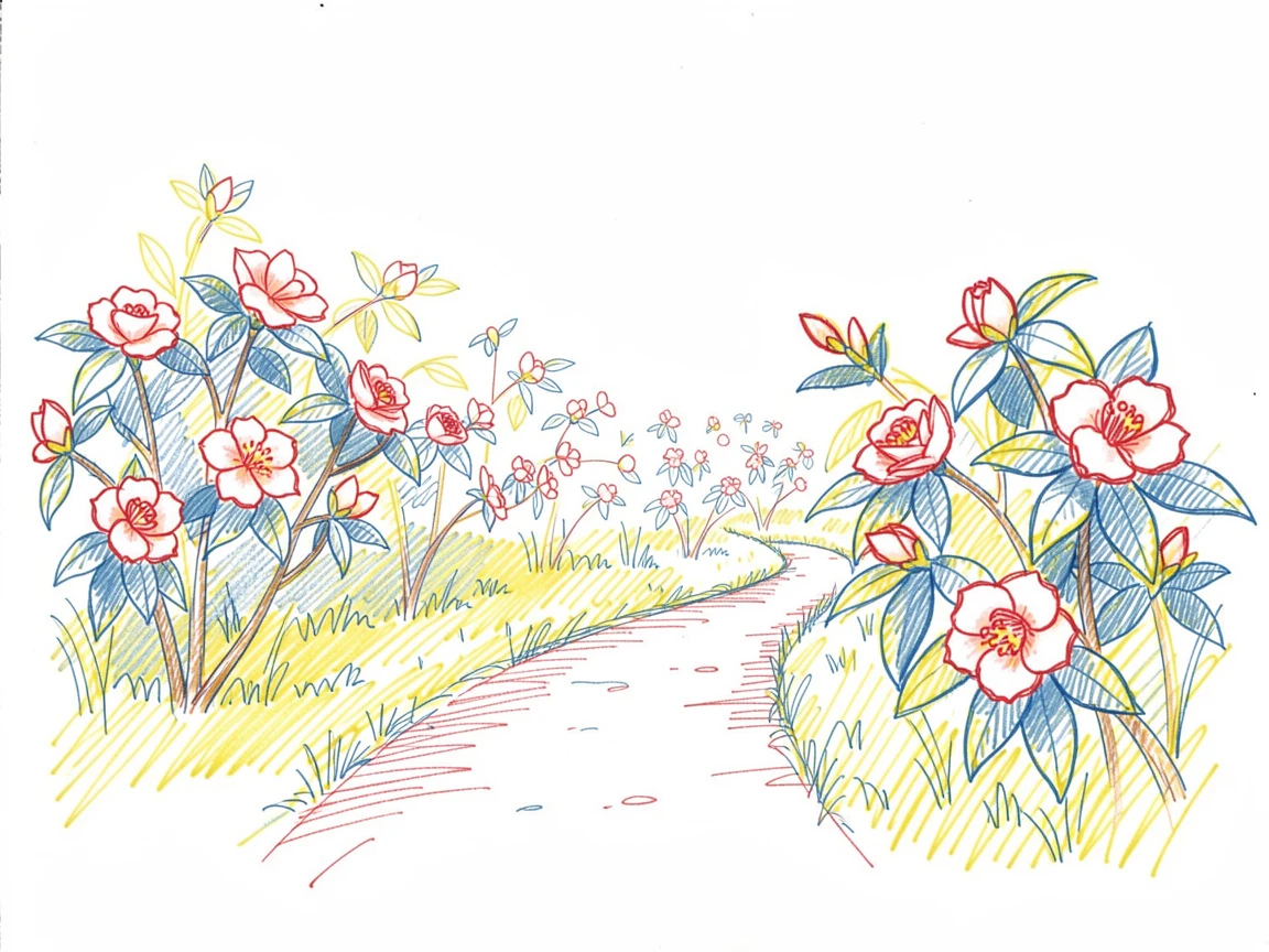 A field of blooming camellias framing a quiet garden path