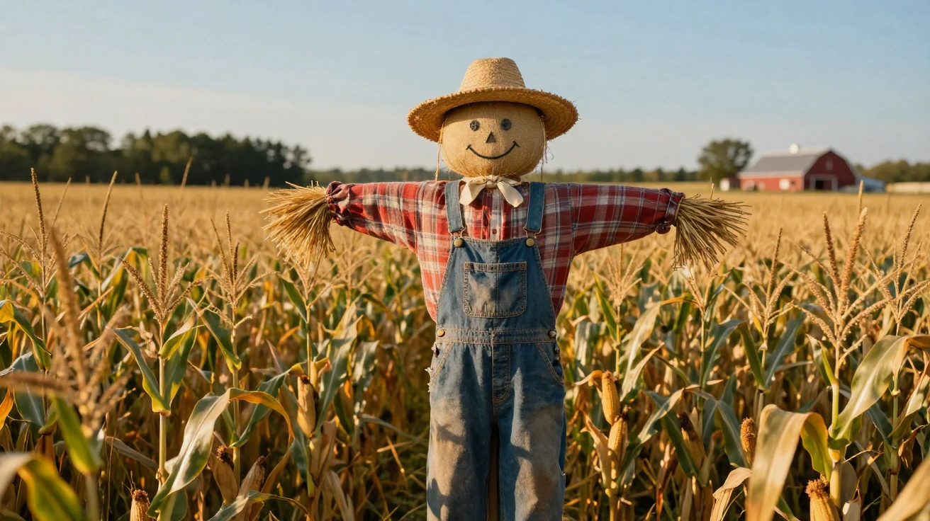 A scarecrow standing watch over a golden cornfield