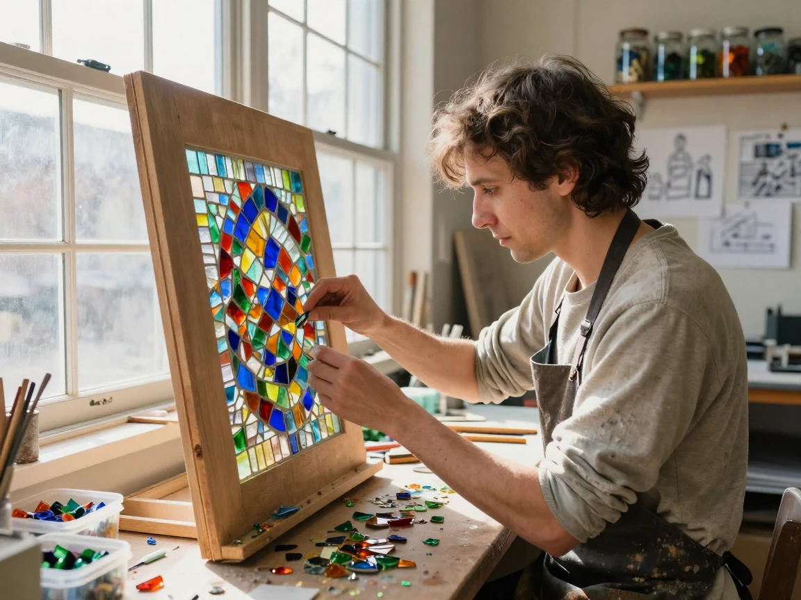 A glass mosaic artist arranges tiny colored tiles into a shimmering mural.