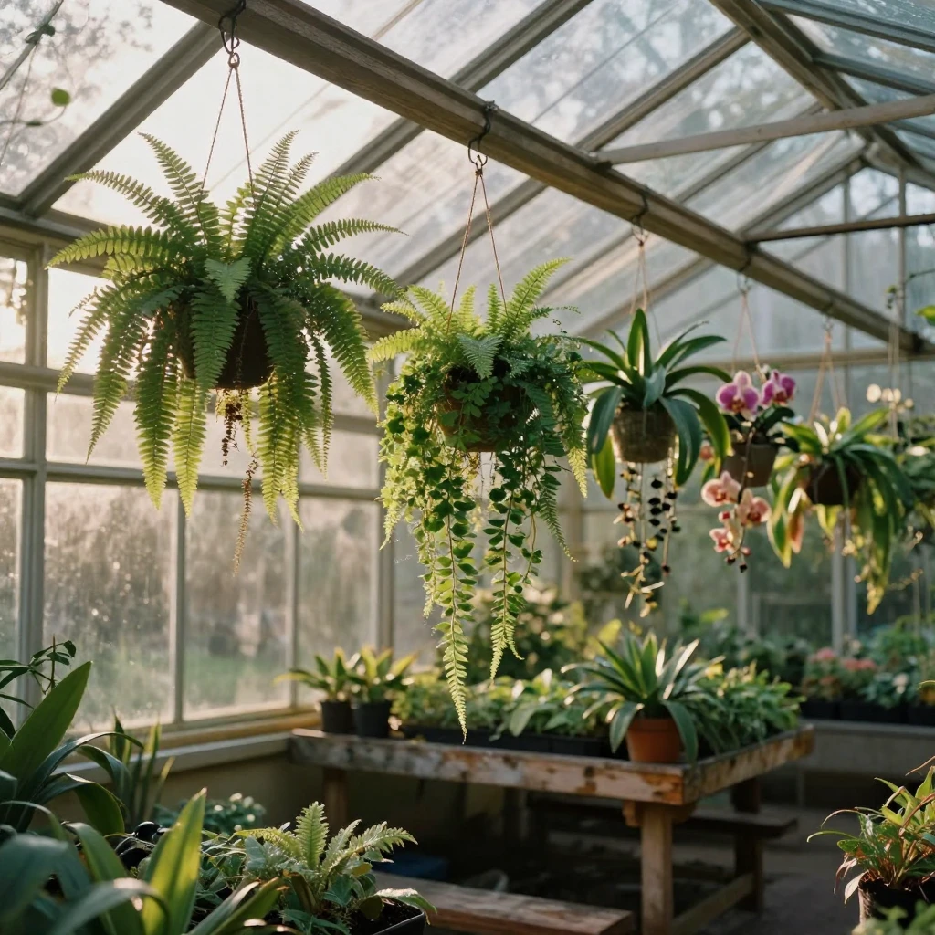 A greenhouse filled with hanging plants and morning light streaming through glass panels