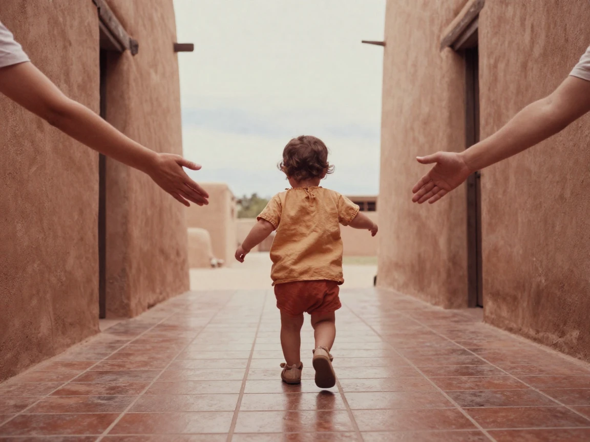 A toddler taking wobbly first steps toward outstretched arms, under a pale winter sky, in still, windless air, in the height of summer, in earthy terracotta and ochre shades, framed symmetrically down a long corridor.