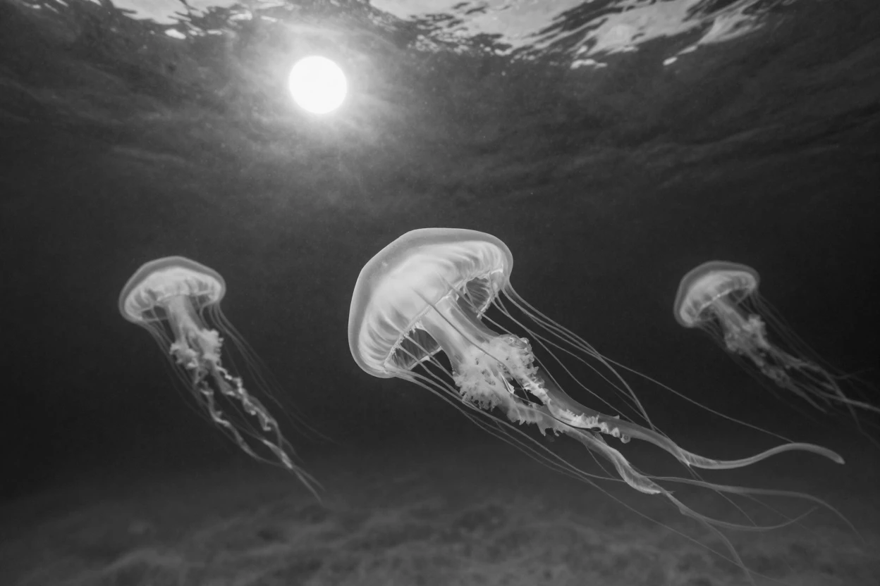 A group of jellyfish pulses gently through the water in a calm moonlit bay.