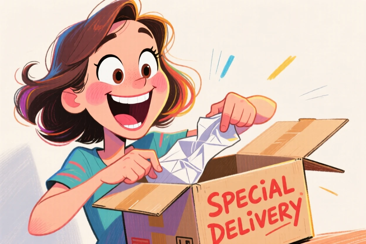A woman unboxing a delivery package with an exaggerated excited expression for the camera.
