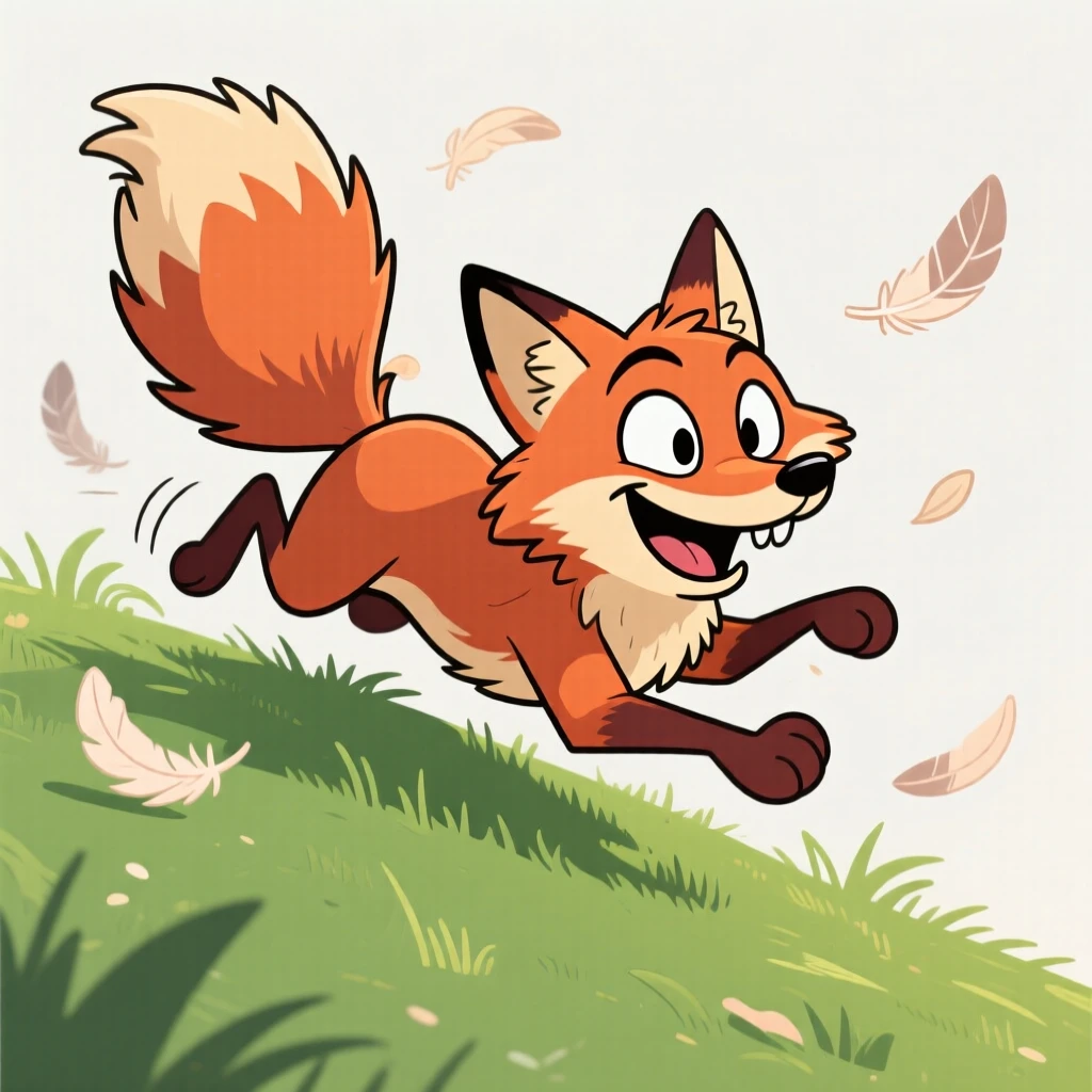 A charming animal moment featuring a sly fox tumbling playfully down a grassy hill, with feathers or fur puffed out dramatically.
