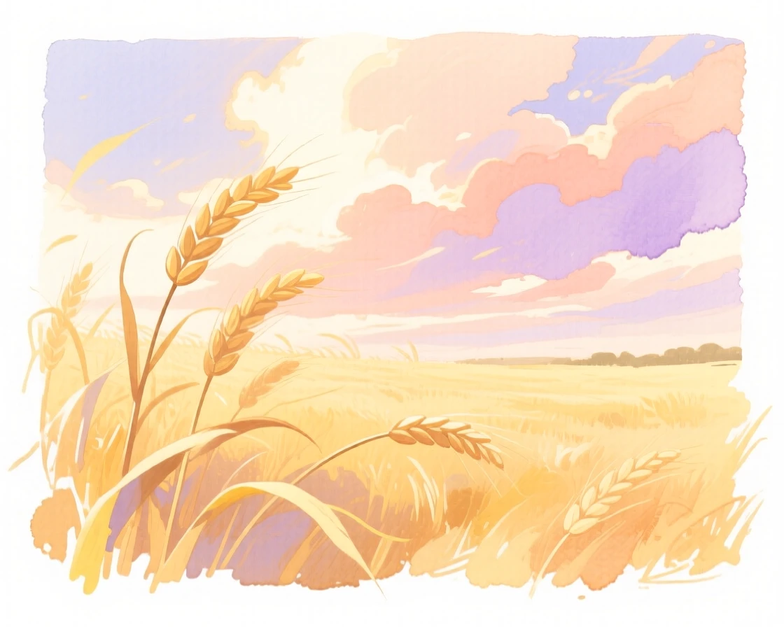 A serene landscape of a golden wheat field swaying under a dramatic sky bathed in warm afternoon sun