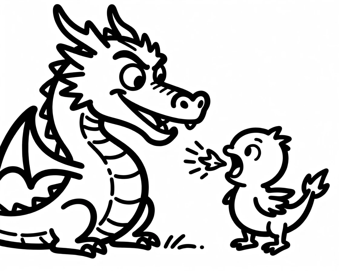 A dragon teaching its hatchling how to breathe its very first small puff of fire.