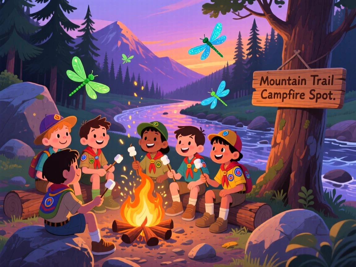 An adventurous scout troop pauses while roasting marshmallows beside a crackling campfire in a rocky mountain trail, while dragonflies dart above the water.