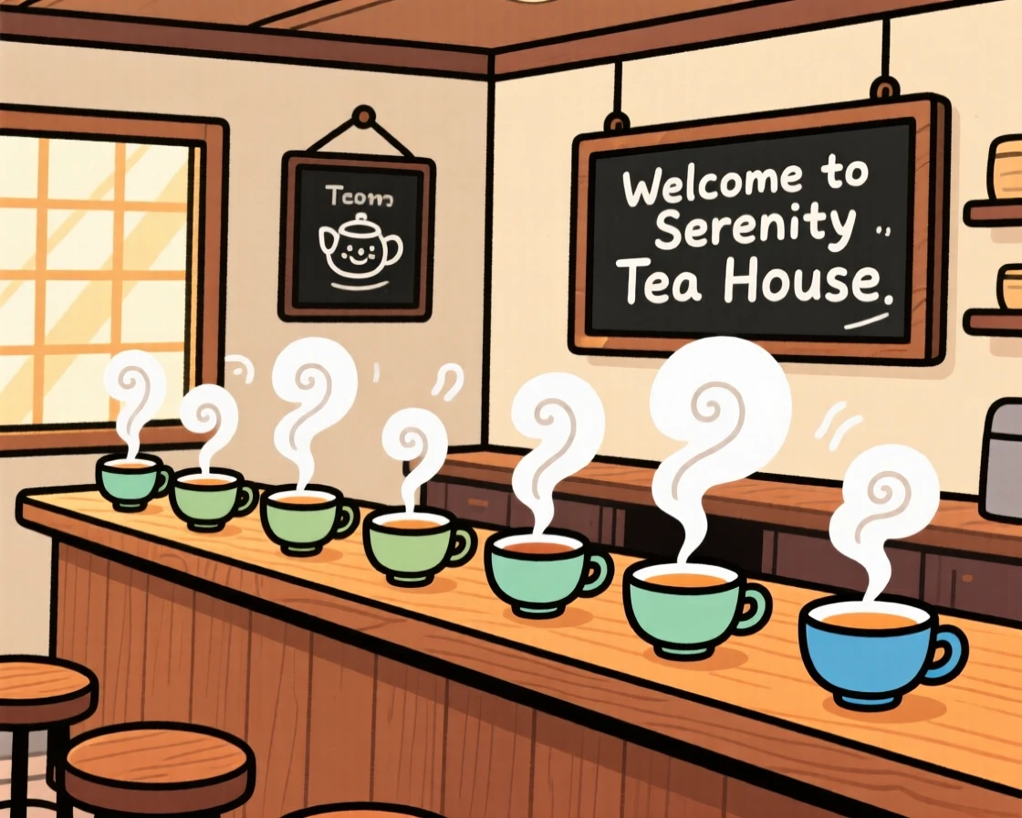 A quiet tea house with steam rising from a row of small cups.