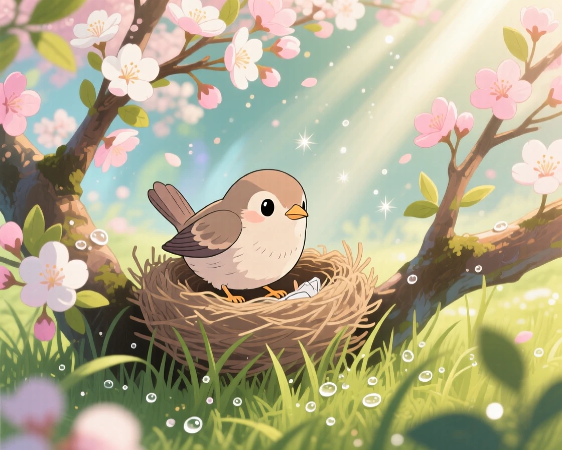 A bird building a nest in a blossoming tree, with morning dew glistening on the grass nearby, radiating pure charm.
