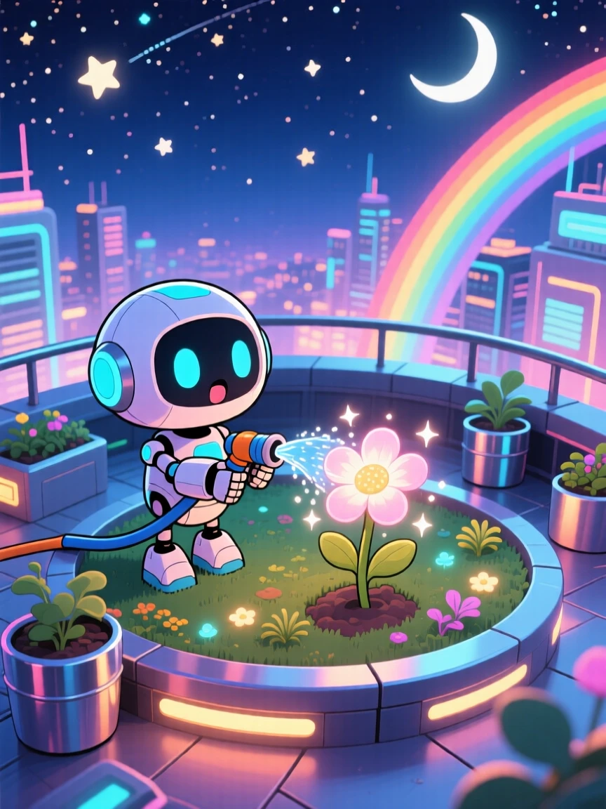 A small round robot watering a glowing flower with a tiny hose in a futuristic rooftop garden under a starry midsummer night sky; bright rainbow-tinted light washes over the scene as gentle surprise fills the moment. Bird's-eye view.