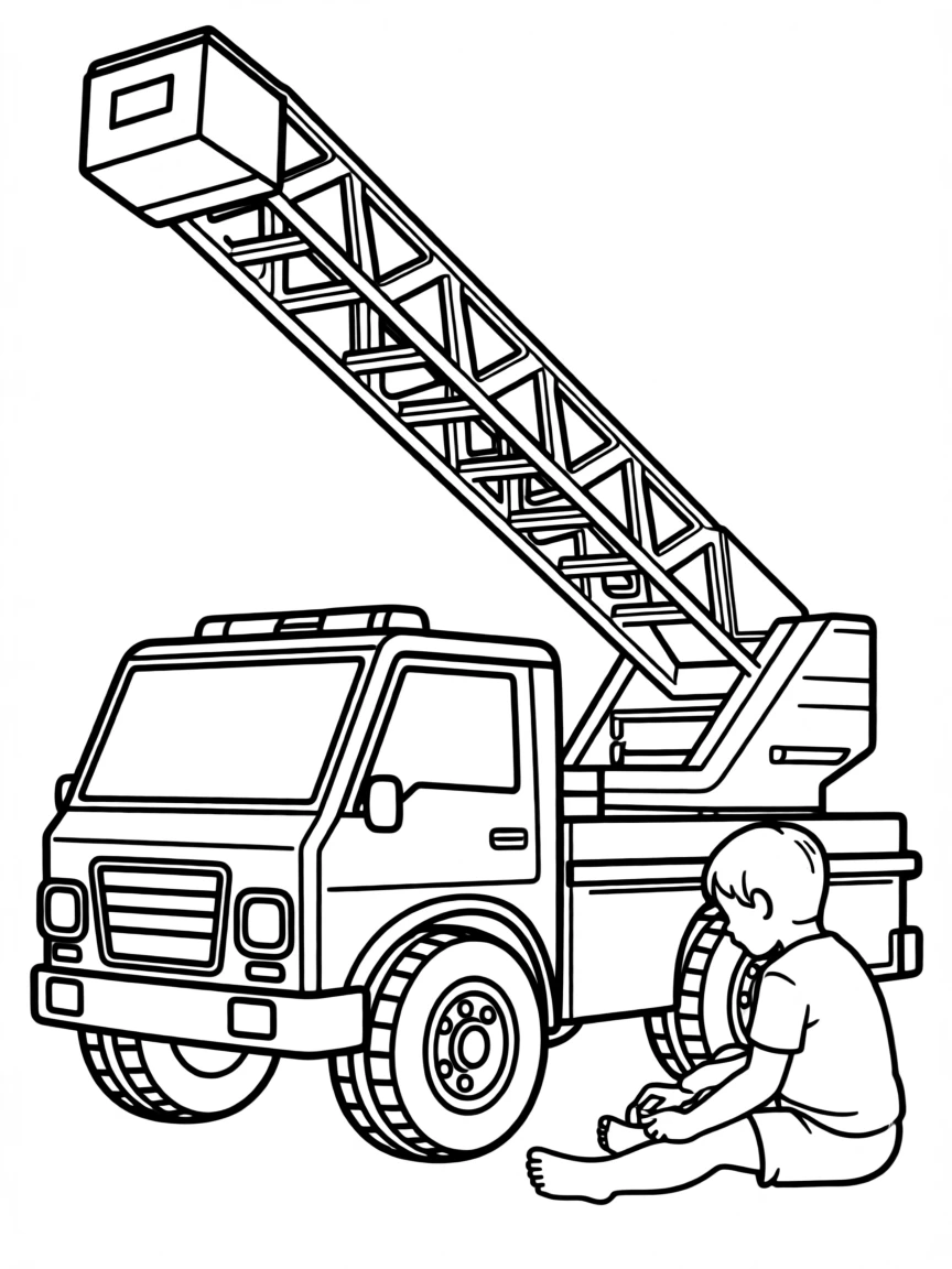 A toy fire truck with a ladder being played with on the floor