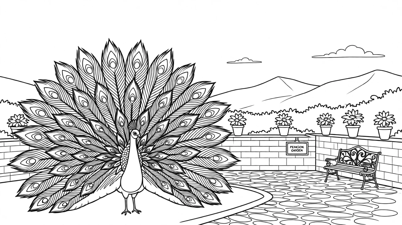 A peacock spreading its full tail in a garden courtyard, with a distant mountain range in the background.