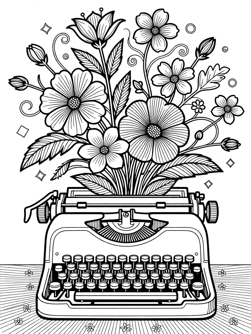 A vintage typewriter with blooming flowers emerging from the page.