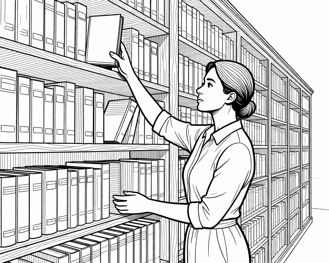 A librarian organizing books on tall wooden shelves