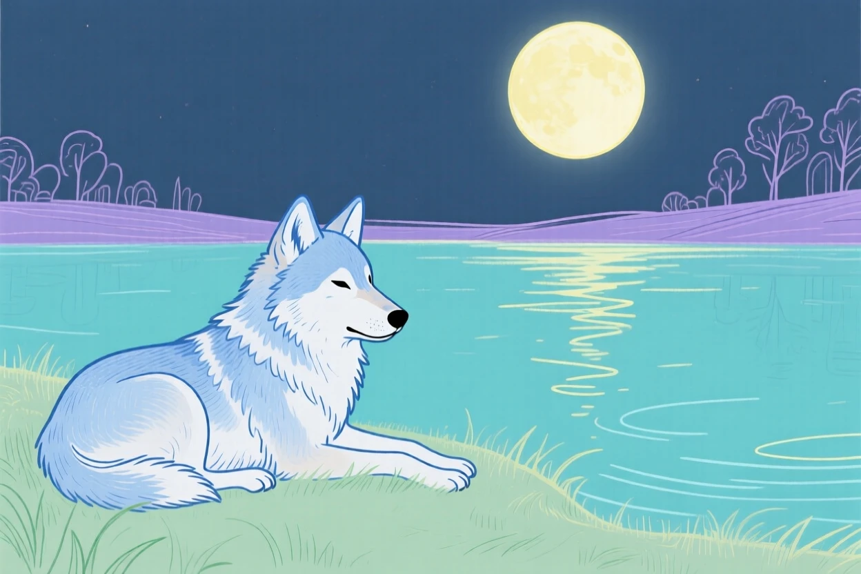 A young wolf resting beside a still lake under a full moon.