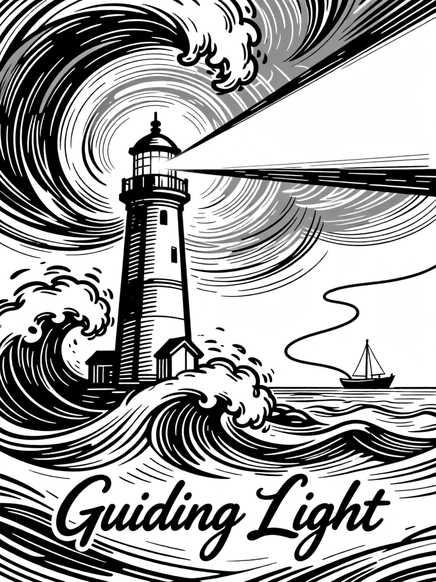 A lighthouse beam cutting through a fierce storm to guide a distant ship home.