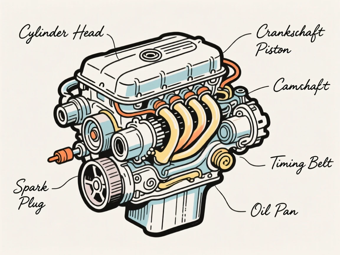 A diagram of a car engine with labeled mechanical parts.