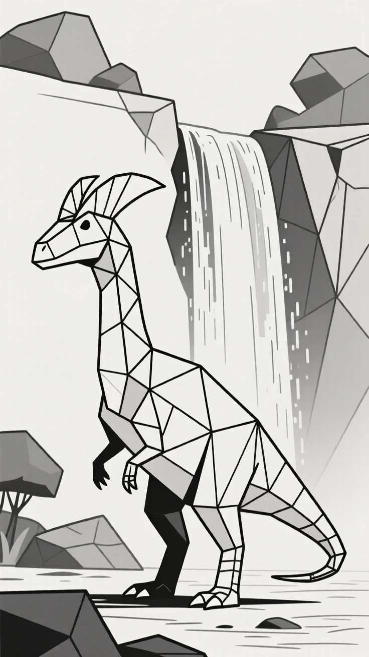 A Dilophosaurus standing beside a prehistoric waterfall