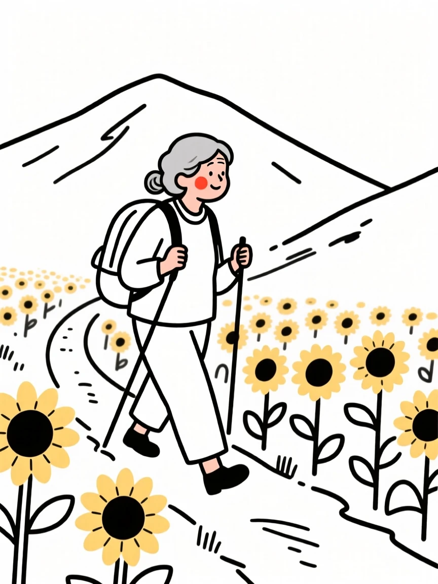 An elderly woman of Italian heritage hiking a mountain trail with a backpack, in a sunflower field.