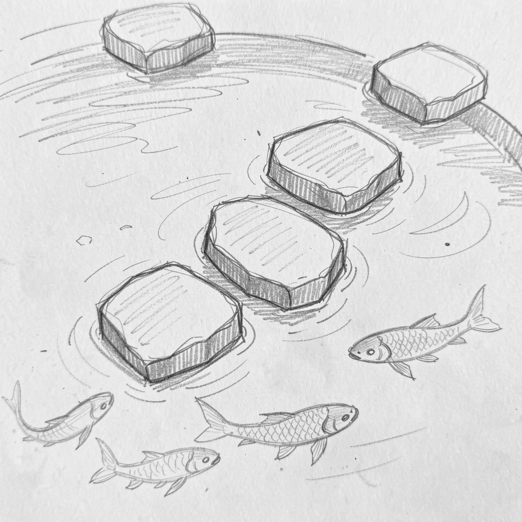 A peaceful moment of stepping stones crossing a tranquil koi pond in complete stillness and silence, capturing a moment of pure stillness.