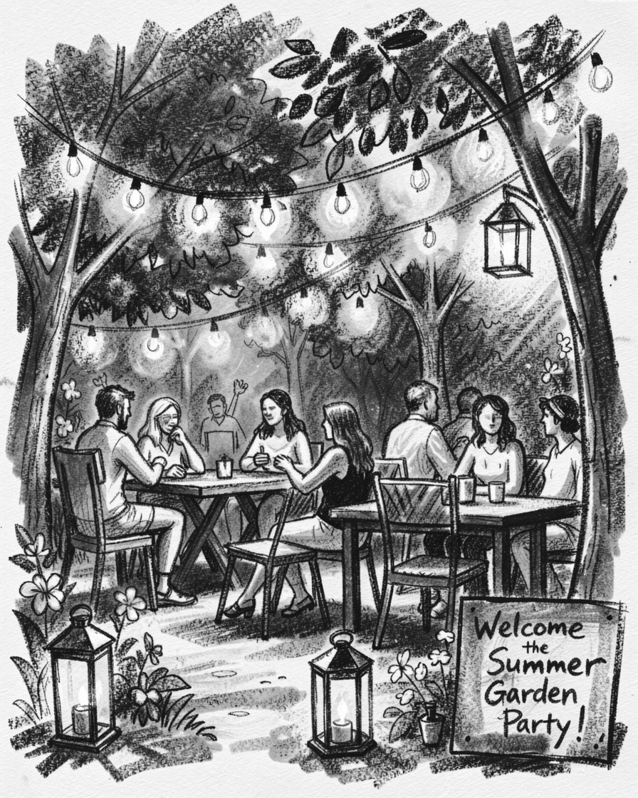 A summer garden party with string lights and lanterns, as soft candlelight flickers nearby.