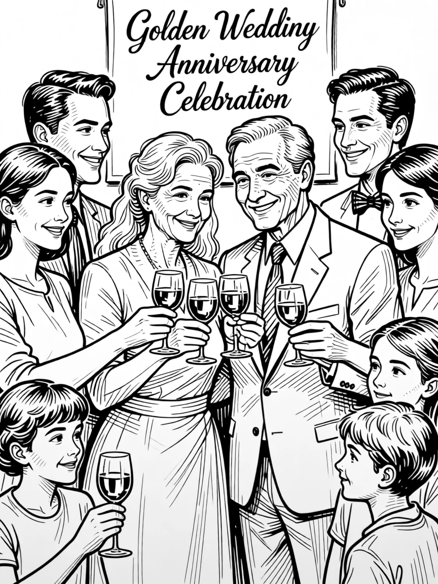 A joyful family toast during a golden wedding anniversary celebration.