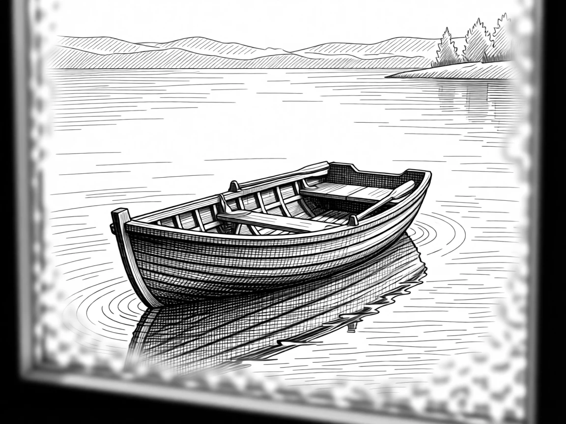A small boat drifting on a calm lake at dawn beneath a sky painted in soft pastel hues, with a window fogged slightly at the edges, evoking a deeply peaceful sense of calm.