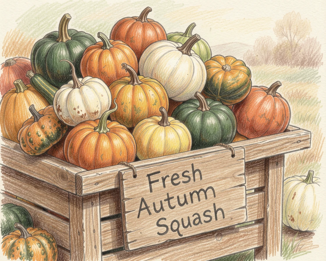 A countryside farmers market stand piled with autumn squash, captured in a quiet, intimate moment full of atmosphere, evoking warmth, beauty, and a lasting sense of wonder.