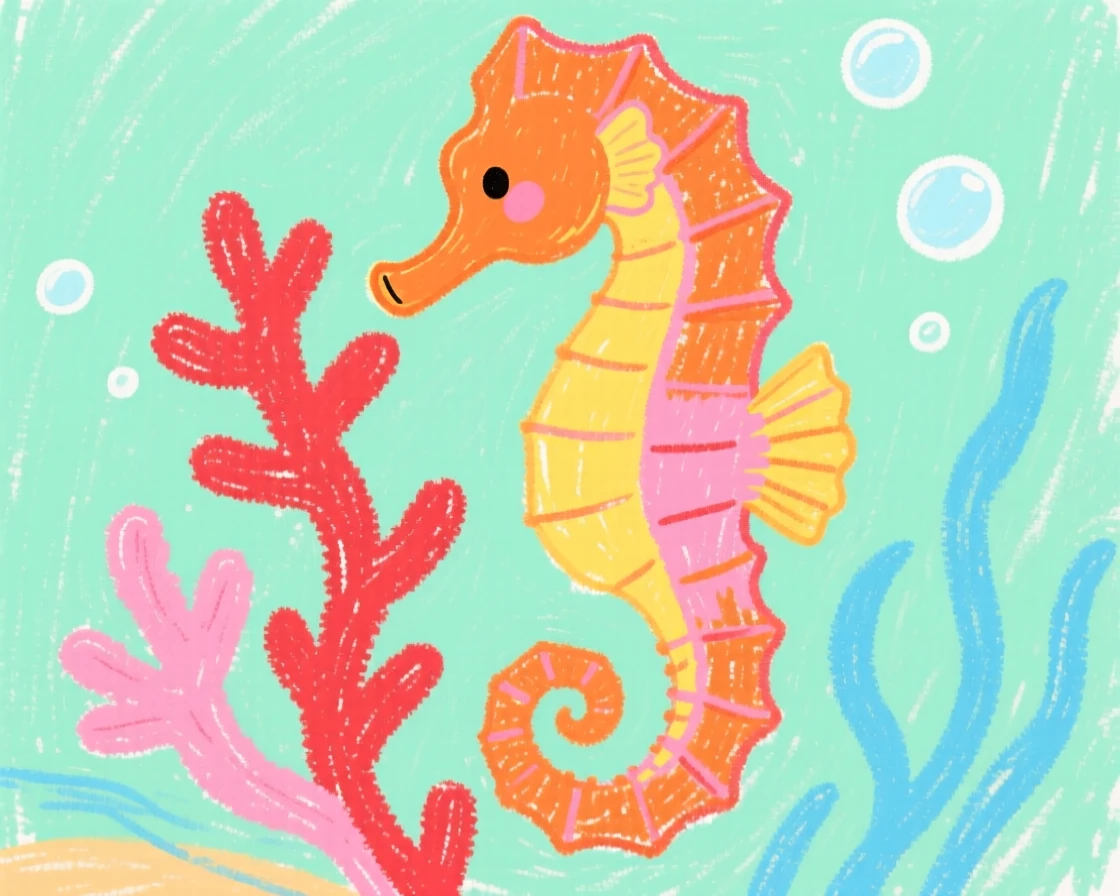 A seahorse curling its tail around a strand of swaying coral.