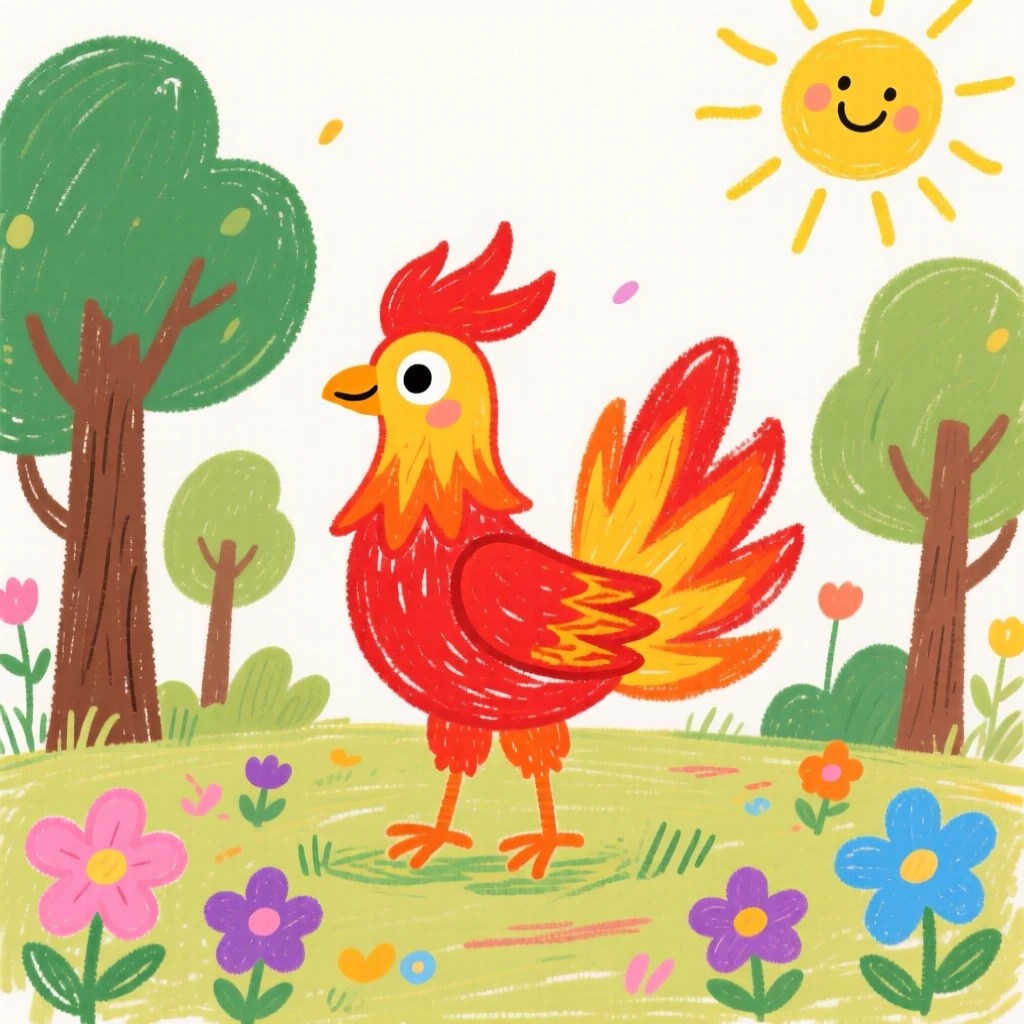 A cheerful phoenix with fiery feathers in an enchanted forest clearing.