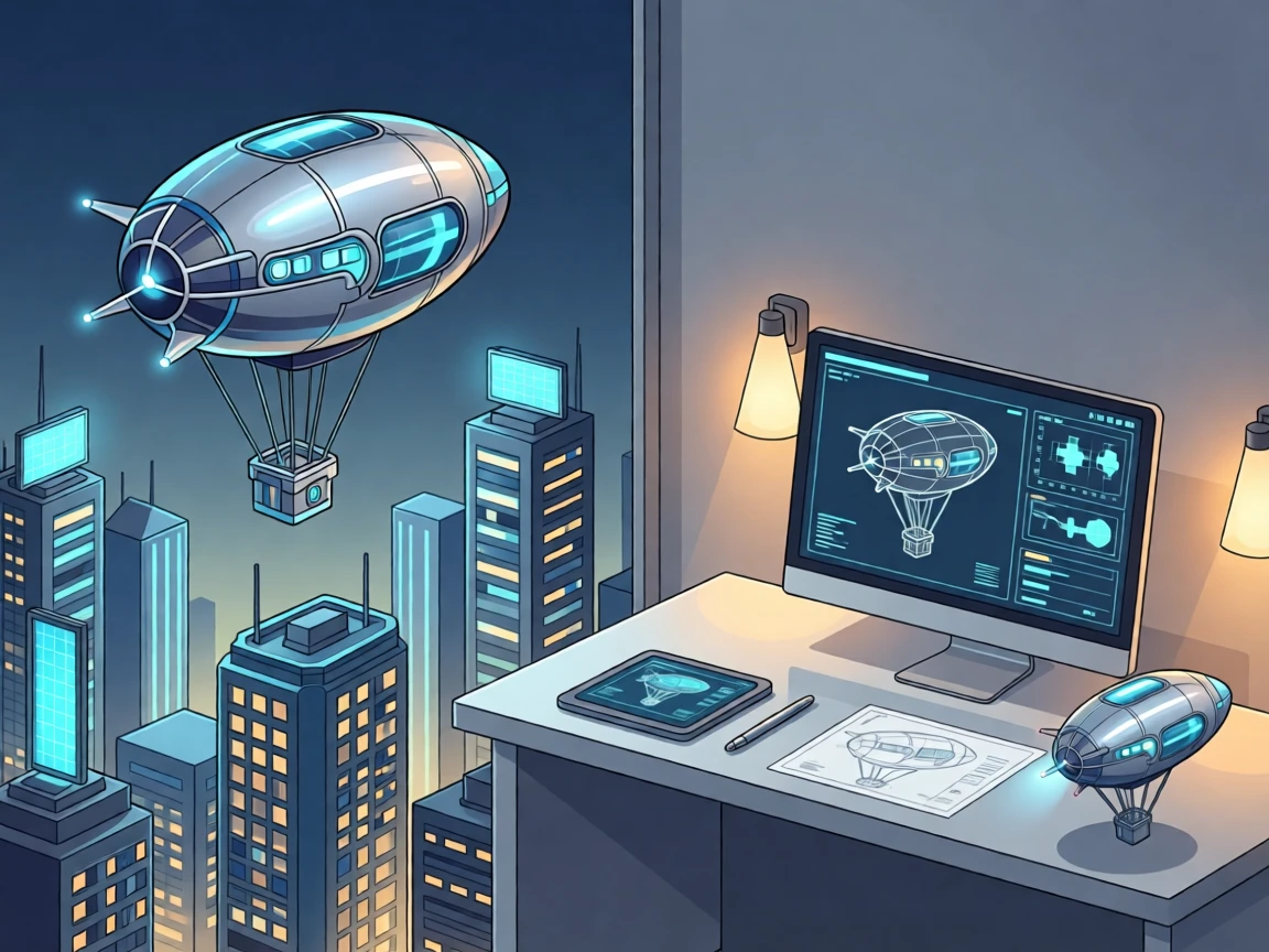 A futuristic weather balloon rising above a glowing city, set within a calm, organized workspace, framed with soft glowing light highlighting key details, with sleek metallic textures catching soft light.