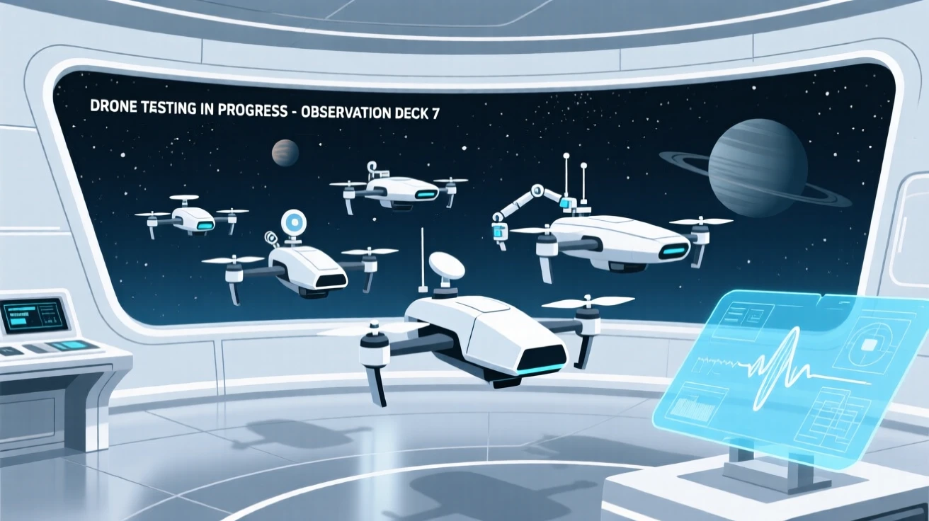 A fleet of drones testing new equipment in a space observation deck.