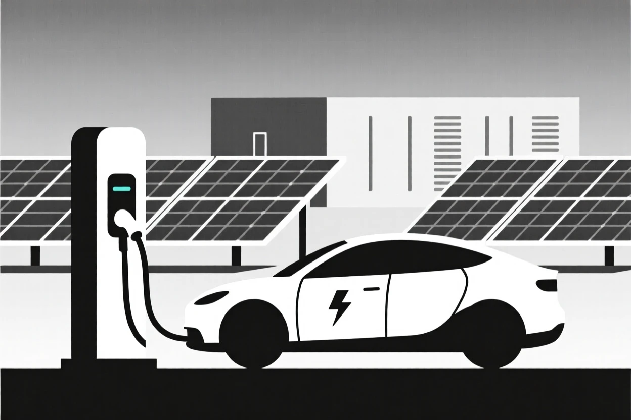 A view of electric car charging station operating within a quiet data center, near rows of solar cells, evoking quiet efficiency.