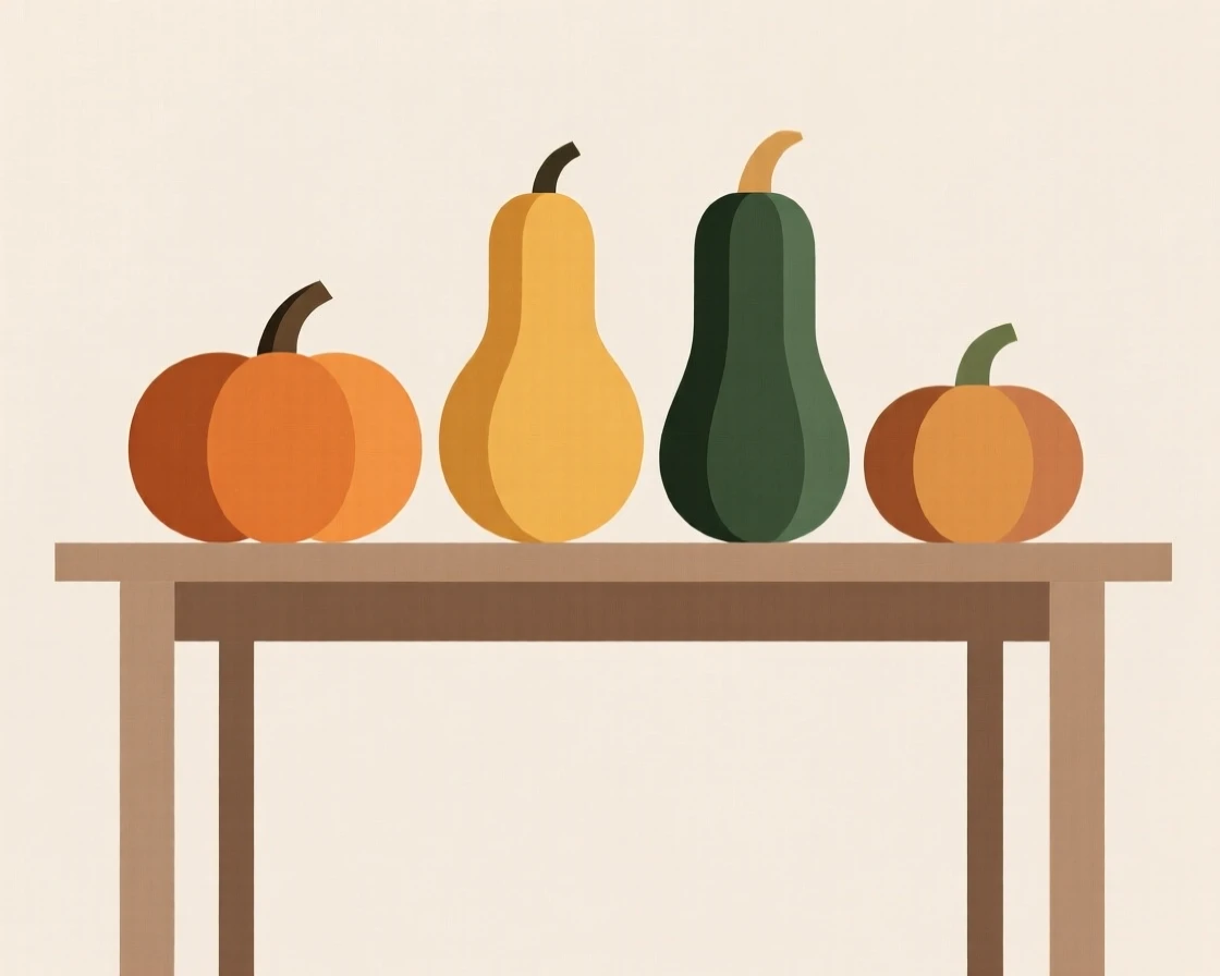 A harvest table with autumn squash and gourds