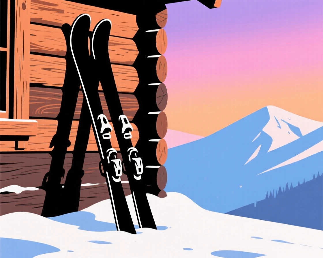 A single set of skis leaning against a cabin wall in fresh powder.