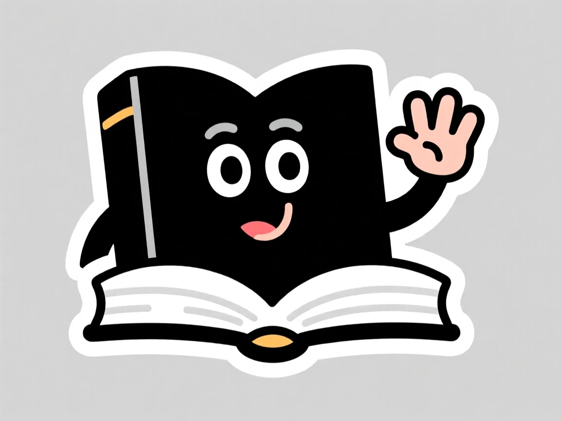 A gently expressive friendly cartoon book character opening its pages wide, waving hello with excitement, designed to make learning fun.
